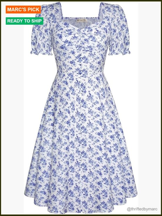 Dresses & Skirts - Puff Sleeve A-Line Satin Midi Dress 1950s Vintage Party Swing Dress